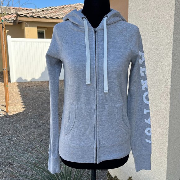 Aeropostale 1987 Light Heather Grey Hoodie Sweatshirt Full Zip Women Size XSmall - Picture 1 of 16